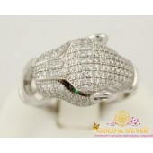Серебряное кольцо Тигр с зелеными глазами. 1518/9р
